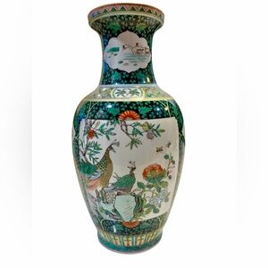 Famille Verte Vase with peacock and floral decoration 14” tall